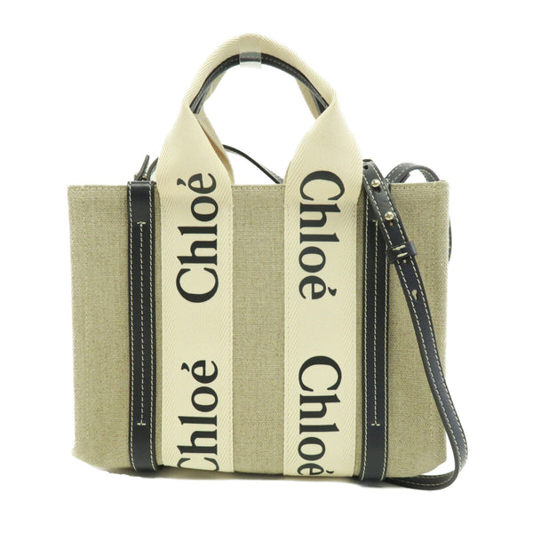 Chloe GHW Mini Woody Tote 2 Way Shoulder Bag Calfskin Leather Canvas Beige Black