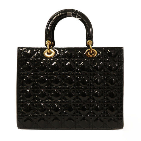Christian Dior CD GHW Lady Dior Tote 2 Way Bag Handbag Patent Leather Black