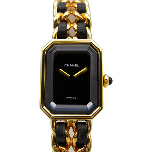 CHANEL CC Premiere L Quartz Watch H0001 Gold Plated Leather Black v1