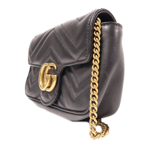 GUCCI GHW GG Marmont Super Mini Chain Shoulder Bag 476433 Chevron Leather Black