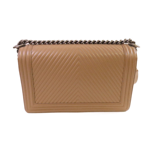 CHANEL Herringbone SHW Boy Chanel 28cm Chain Shoulder Bag Lambskin Leather Brown