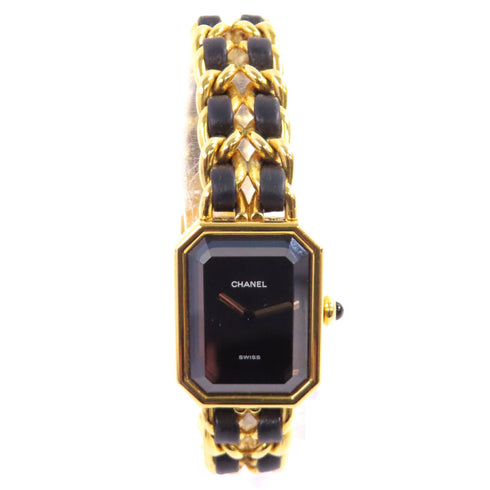 CHANEL GHW Premiere L Quartz Watch SS Leather Gold Plated H0001 Black v1