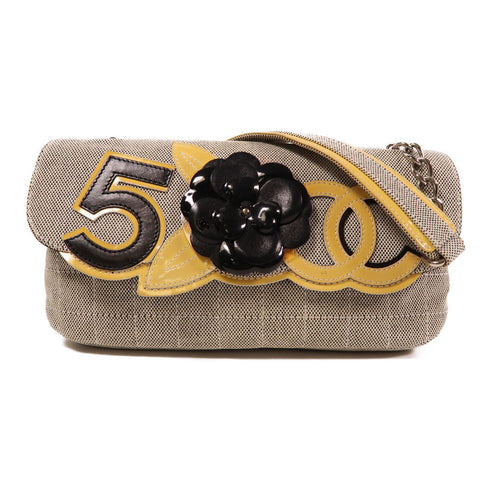 CHANEL CC SHW Camellia No.5 Chain Shoulder Bag Canvas Grey/Yellow