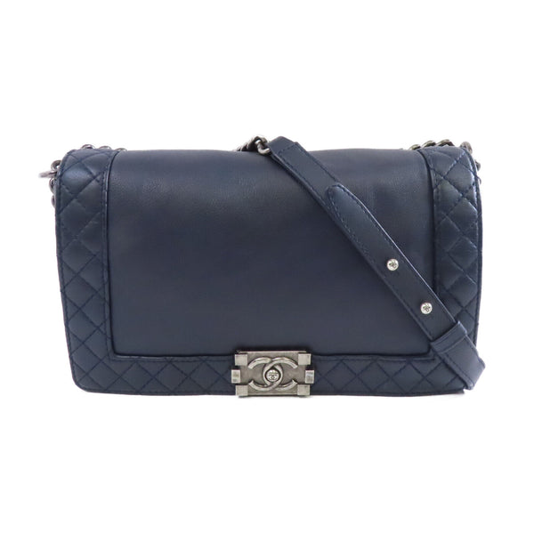 CHANEL Quilted CC SHW Boy Chain Shoulder Bag A92193 Calfskin Leather Navy