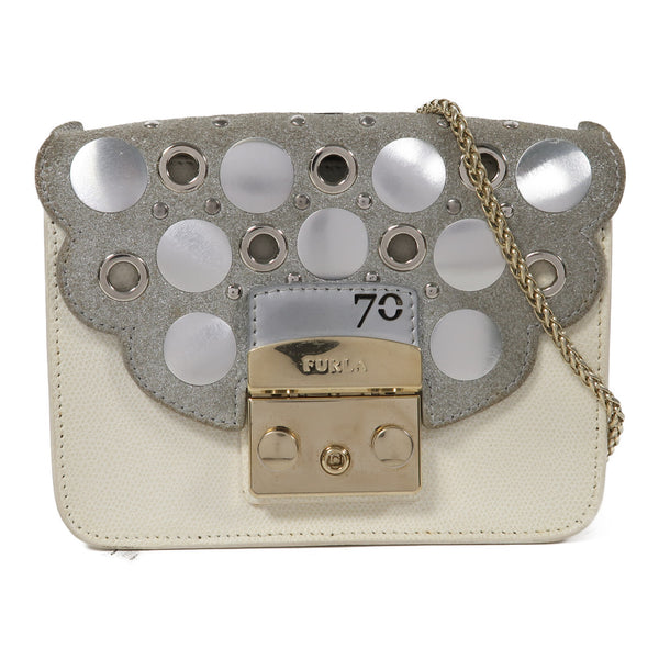 Furla GHW Chain Shoulder Bag Calfskin Leather White/Grey