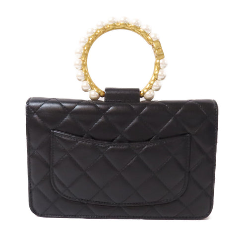 CHANEL Quilted CC GHW Pearl Handle Bag 2 Way Shoulder Lambskin Leather Black