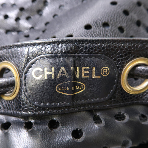 CHANEL CC GHW Perforated Timeless Bucket Shoulder Bag Calfskin Leather Black