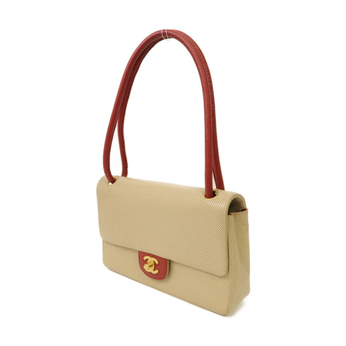 CHANEL CC GHW Shoulder Bag Calfskin Leather Beige Red