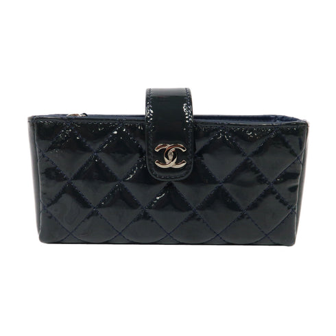 CHANEL Quilted CC SHW Card Case Patent Leather Dark Grey