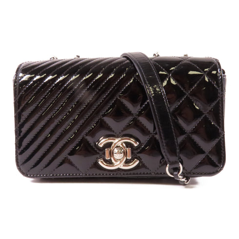 CHANEL Quilted/Herringbone CC SHW Chain Shoulder Bag Patent Leather Black