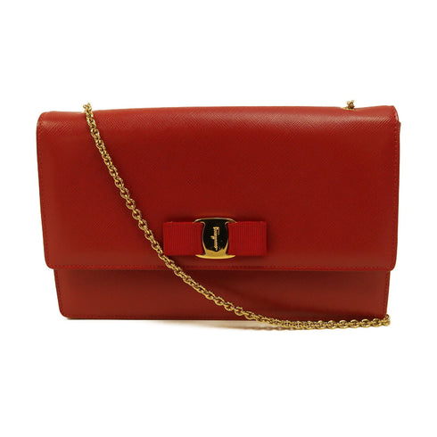 Salvatore Ferragamo GHW Chain Shoulder Bag Calfskin Leather Red v1
