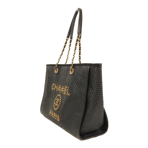CHANEL CC SHW Deauville Tote 2 Way Shoulder Bag Handbag Straw Black