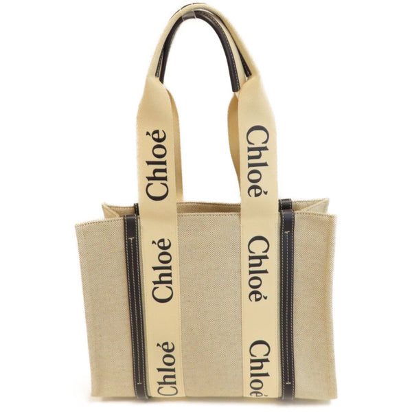 Chloe Woody Tote Bag Canvas Beige Navy Blue