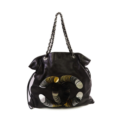 CHANEL CC SHW Disc Bon Bon Tote Bag Shoulder Bag Calfskin Leather Black