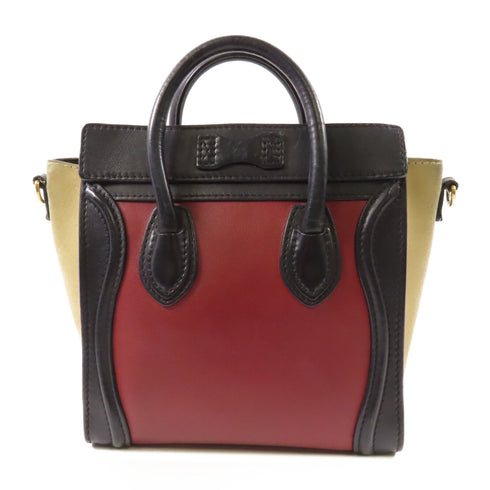 CELINE GHW Nano Luggage 2 Way Bag Suede Calfskin Leather Red Black Beige