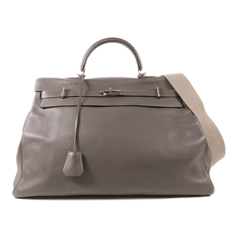 HERMES PHW Kelly 50 2 Way Shoulder Bag Handbag Clemence Leather Grey