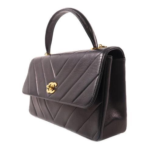 CHANEL Herringbone CC GHW Chain Shoulder Bag 2 Way Bag Calfskin Leather Black