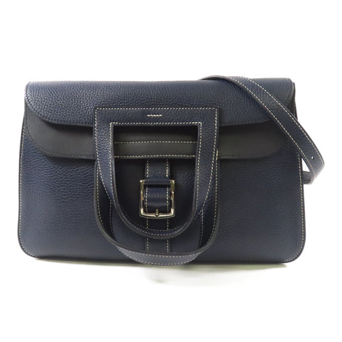HERMES PHW Halzan 31 2 Way Shoulder Bag Taurillon Clemence Bleu Nuit Noir