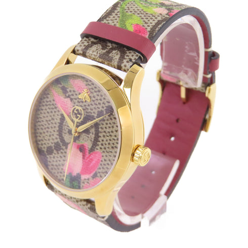 GUCCI GG Timeless Quartz Watch SS Coated Leather Belt YA1264038A Brown Pink