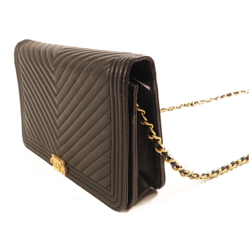 CHANEL CC GHW Boy Wallet On Chain Chain Shoulder Bag Lambskin Leather Black