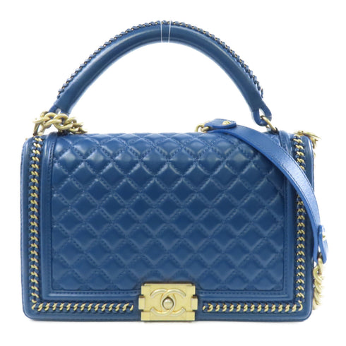 CHANEL Quilted CC GHW Boy 28 Chain Shoulder Bag Lambskin Leather Blue