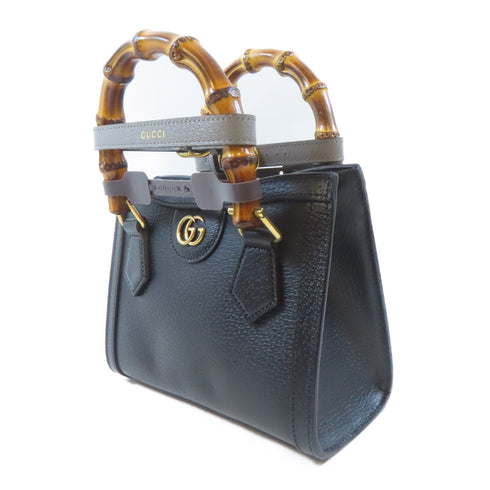 GUCCI GG GHW Diana Mini Tote Bag 2 Way Shoulder Handbag 702732 Calfskin Black
