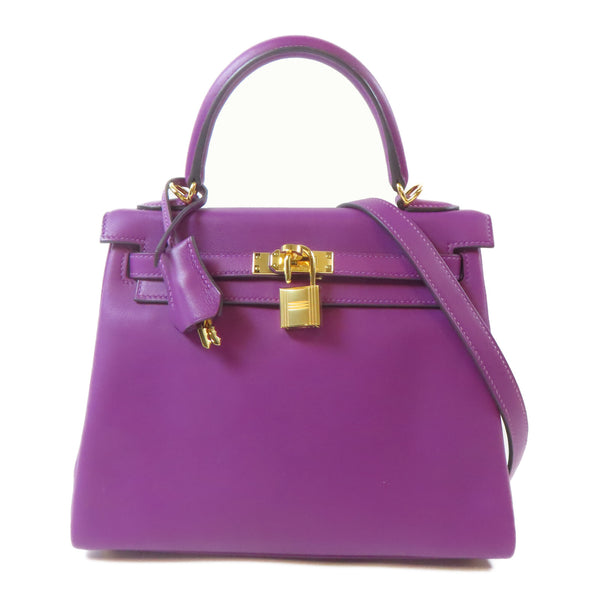 HERMES GHW Kelly 25 2 Way Shoulder Bag Handbag Veau Swift Anemone Purple