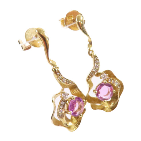 FINE JEWELRY 0.664ct Pink Sapphire 0.08ct Diamond Earrings 18K Yellow Gold