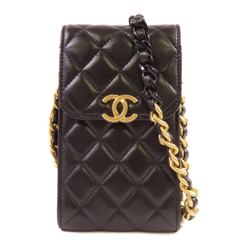 CHANEL Quilted CC GHW Phone Bag Chain Shoulder Bag Lambskin Leather Black