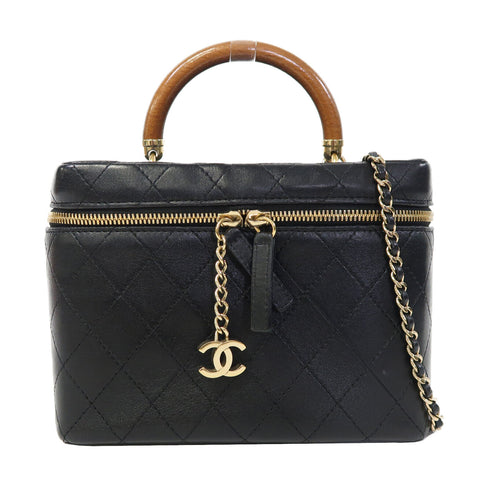 CHANEL Quilted CC GHW Vanity Cosmetic Bag 2 Way Bag Lambskin Leather Black