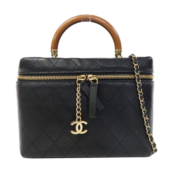CHANEL Quilted CC GHW Vanity Cosmetic Bag 2 Way Bag Lambskin Leather Black