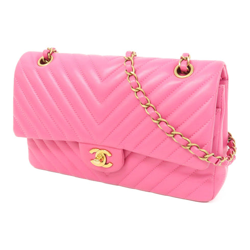 CHANEL Herringbone CC GHW Classic Flap 25cm Chain Shoulder Bag Leather Pink