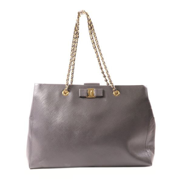 Salvatore Ferragamo GHW Chain Shoulder Bag Calfskin Leather Grey