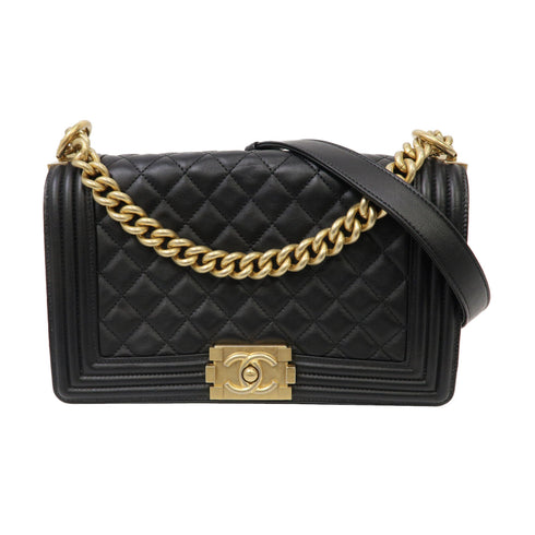CHANEL Quilted CC GHW Boy 25 Chain Shoulder Bag Calfskin Leather Black