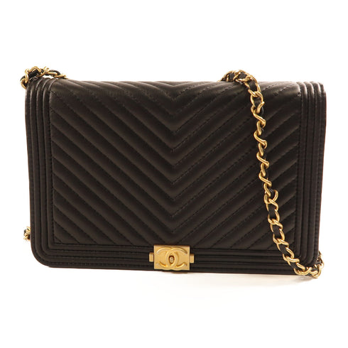 CHANEL CC GHW Boy Wallet On Chain Chain Shoulder Bag Lambskin Leather Black