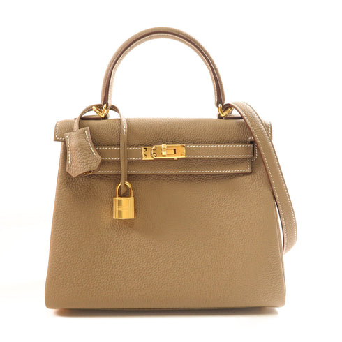 HERMES GHW Kelly 25 2way Shoulder Bag Celemence Leather Etoupe Grey