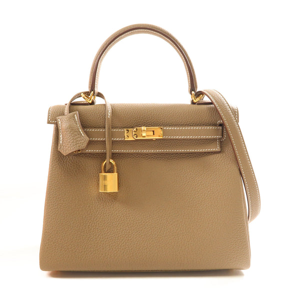 HERMES GHW Kelly 25 2way Shoulder Bag Celemence Leather Etoupe Grey