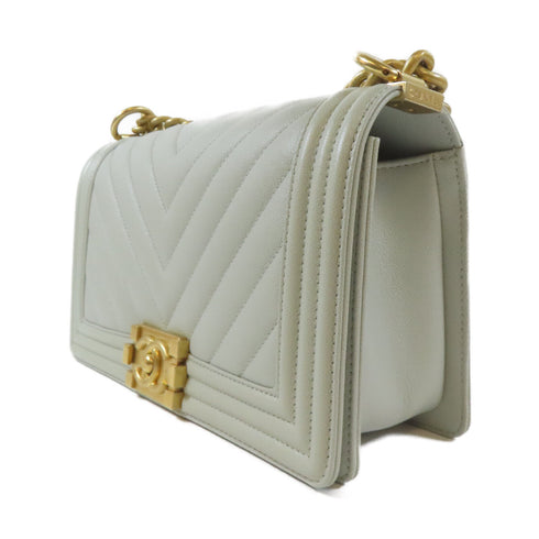 CHANEL Herringbone CC GHW Boy Chain Shoulder Bag Caviar Leather Grey