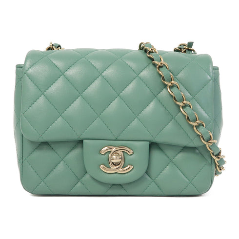 CHANEL Quilted CC GHW Mini Classic 17 Chain Shoulder Bag Lambskin Leather Green