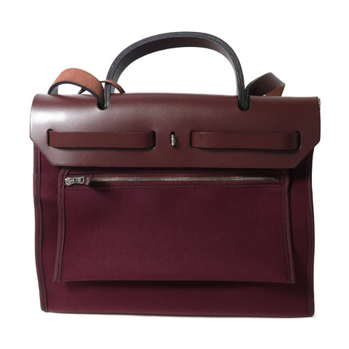 HERMES PHW Herbag PM 2Way Shoulder Hand Bag Canvas Stamp T Prune
