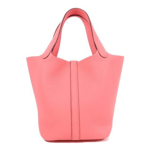 HERMES PHW Picotin PM Hand Bag/Bucket Tote Bag Clemence Leather Rose Azalee