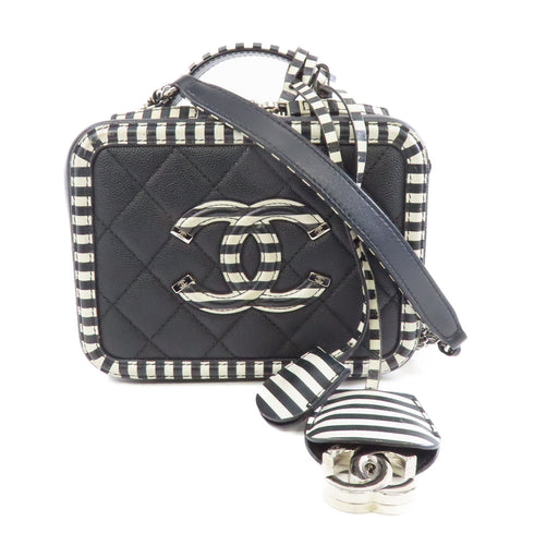 CHANEL Quilted CC SHW Chain Shoulder Bag Leather Black/White
