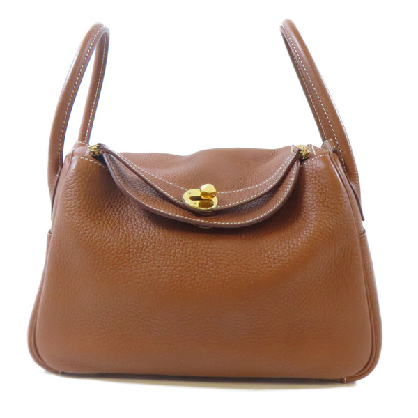 HERMES GHW Lindy 26 2 Way Shoulder Handbag Clemence Leather Gold Brown