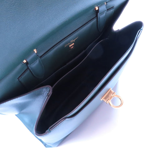 Salvatore Ferragamo GHW Trifolio 2Way Shoulder Bag Calfskin Leather Dark Green