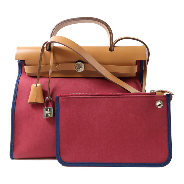HERMES PHW Herbag 2 Way Shoulder Bag Handbag Canvas Red/Blue