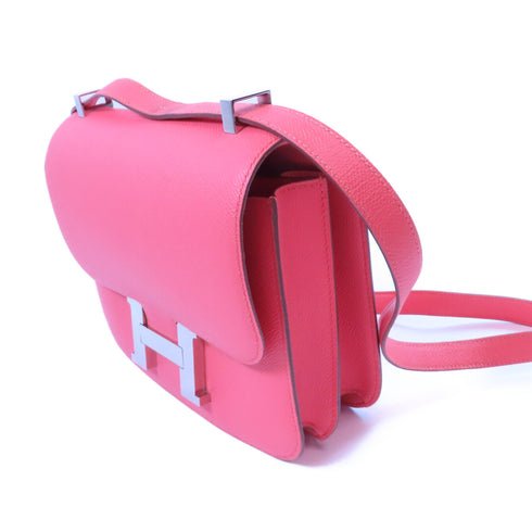HERMES Epsom leather Constance 24 silver shoulder bag Flamingo/fire crane po...