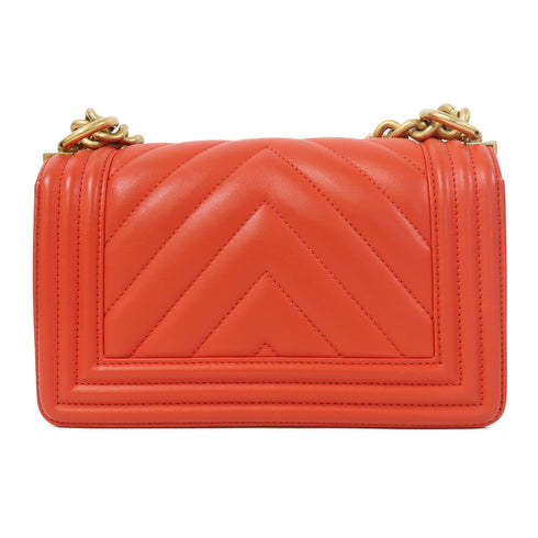 CHANEL Herringbone CC GHW Boy Chanel Chain Shoulder Bag Lambskin Leather Red