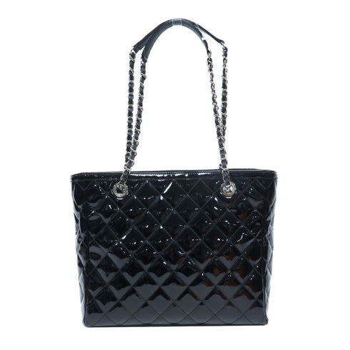 CHANEL Quilted CC SHW Chain Shoulder Bag Patent Leather Black