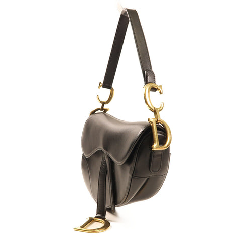 CHRISTIAN DIOR CD GHW Saddle Shoulder Bag Calfskin Leather Black