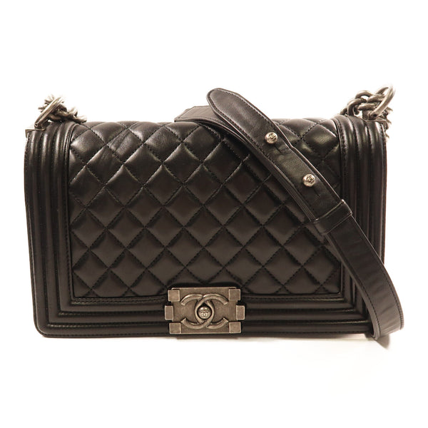 CHANEL CC SHW Boy 25 Shoulder Bag Lambskin Leather Black